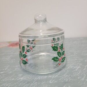 Vintage Indiana Glass Holly Berry Christmas Candy‎ Dish Jar w/ Lid Apothecary